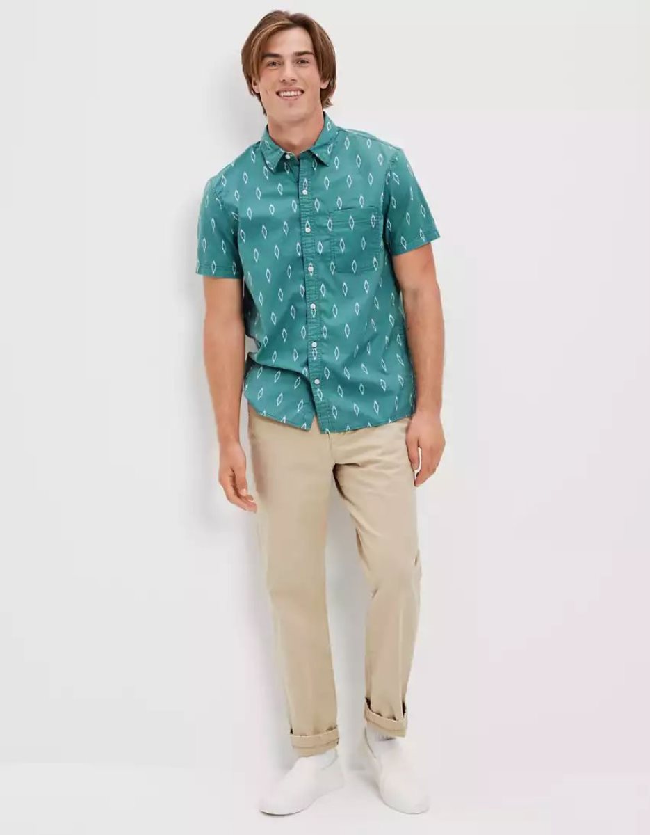 Hauts Flanelle American Eagle AE Printed Button-Up Resort Shirt Turquoise Homme | HZG-16942817